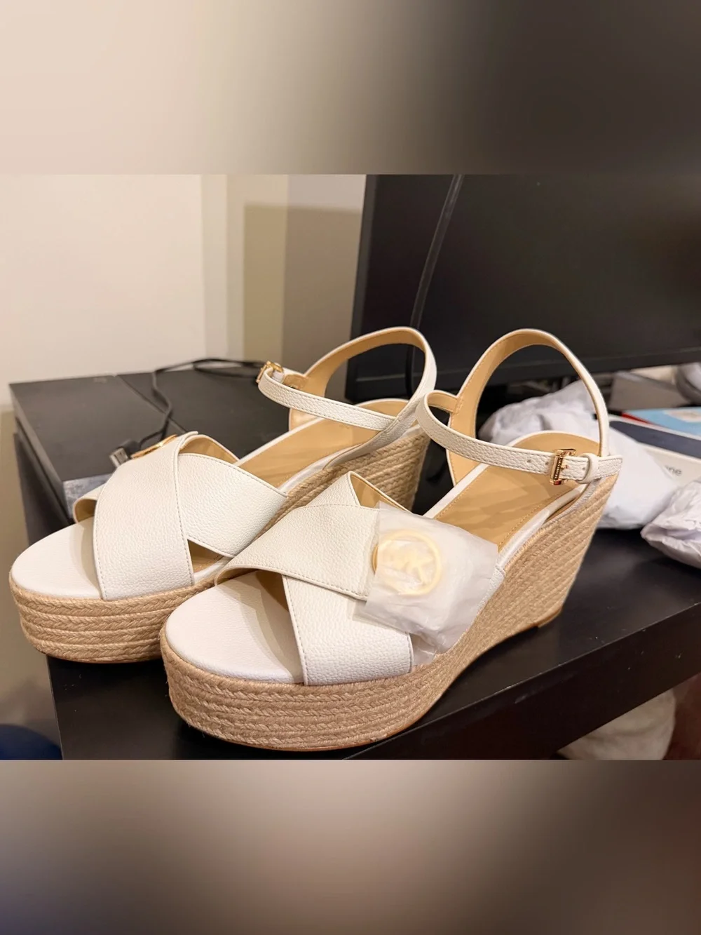 Michael Kors White Leather Platform Wedge Sandals with Gold MK Accent